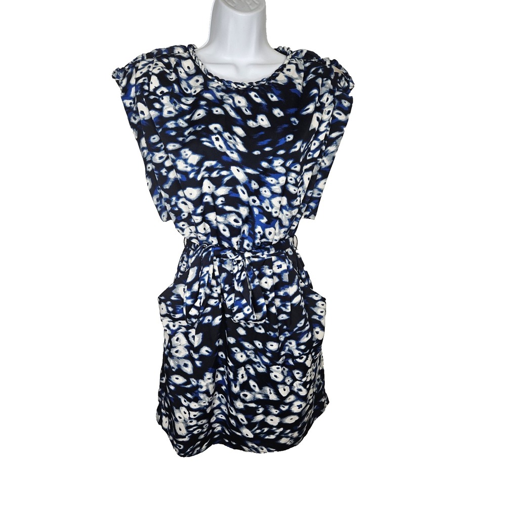 Walter Baker W118 Blue Black Abstract Print‎ Belted Dress Pockets S